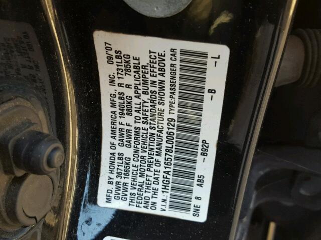 1HGFA16578L006129 - 2008 HONDA CIVIC LX BLACK photo 10