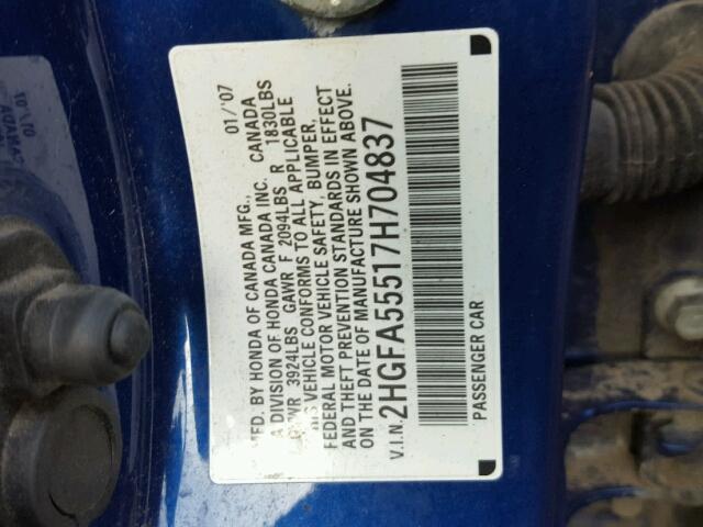 2HGFA55517H704837 - 2007 HONDA CIVIC SI BLUE photo 10