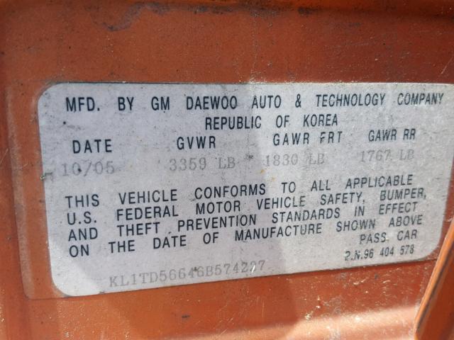 KL1TD56646B574227 - 2006 CHEVROLET AVEO BASE Turuncu fotoğraf 10