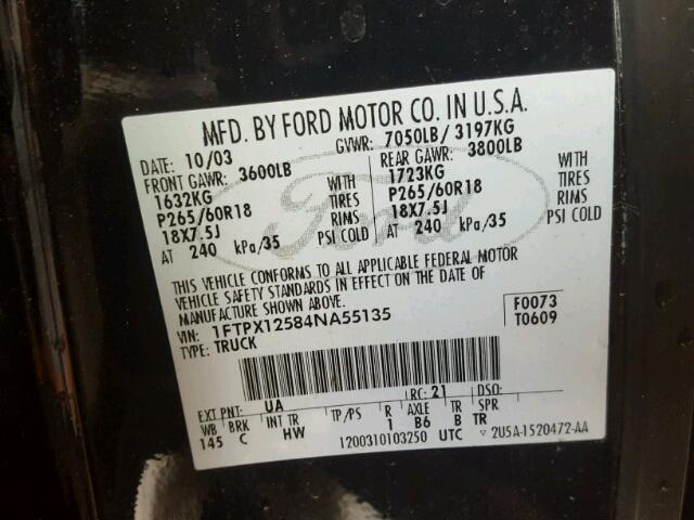 1FTPX12584NA55135 - 2004 FORD F150 BLACK photo 10