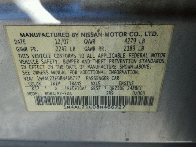 1N4AL21E08N466727 - 2008 NISSAN ALTIMA 2.5 SILVER photo 10