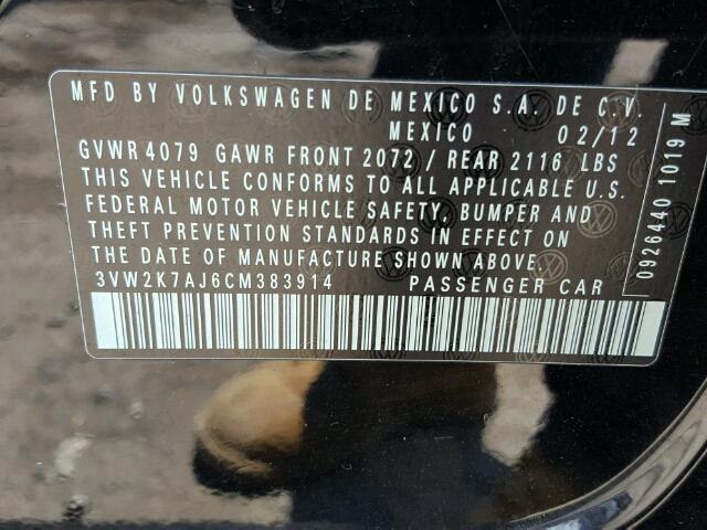 3VW2K7AJ6CM383914 - 2012 VOLKSWAGEN JETTA BASE 黑色 照片 10