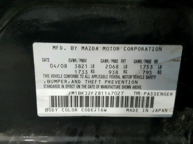 JM1BK32F281147027 - 2008 MAZDA 3 I BLACK photo 10