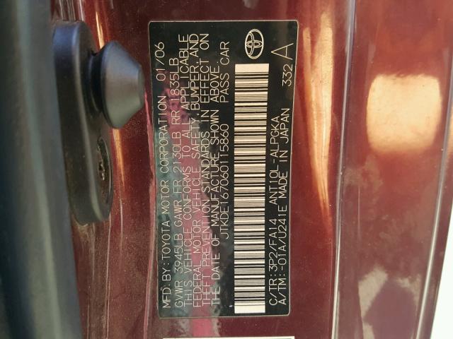 JTKDE167060115860 - 2006 TOYOTA SCION TC 栗色 照片 10