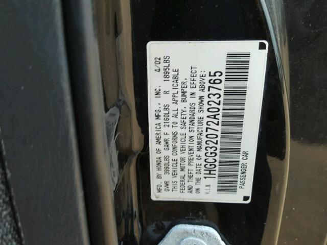 1HGCG32072A023765 - 2002 HONDA ACCORD SE BLACK photo 10