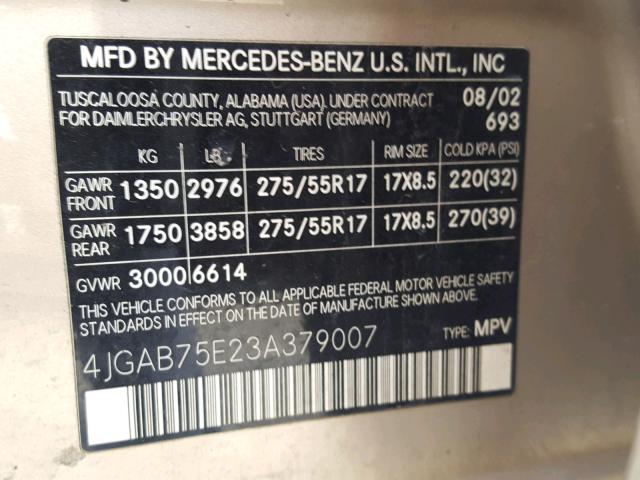 4JGAB75E23A379007 - 2003 MERCEDES-BENZ ML 500 GOLD photo 10