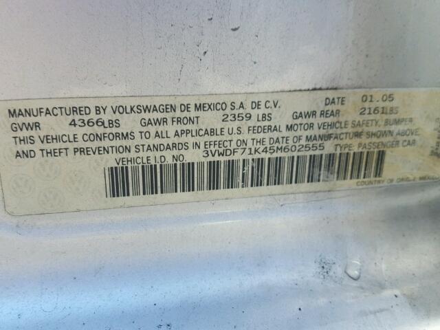 3VWDF71K45M602555 - 2005 VOLKSWAGEN NEW JETTA SILVER photo 10