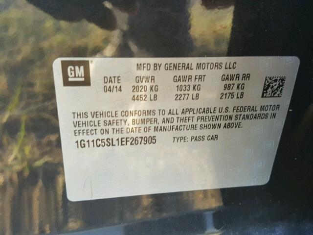 1G11C5SL1EF267905 - 2014 CHEVROLET MALIBU 1LT BLACK photo 10