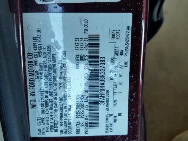 3FAHP0HA3BR327383 - 2011 FORD FUSION SE MAROON photo 10