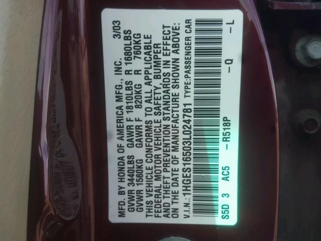 1HGES16503L024781 - 2003 HONDA CIVIC LX MAROON photo 10