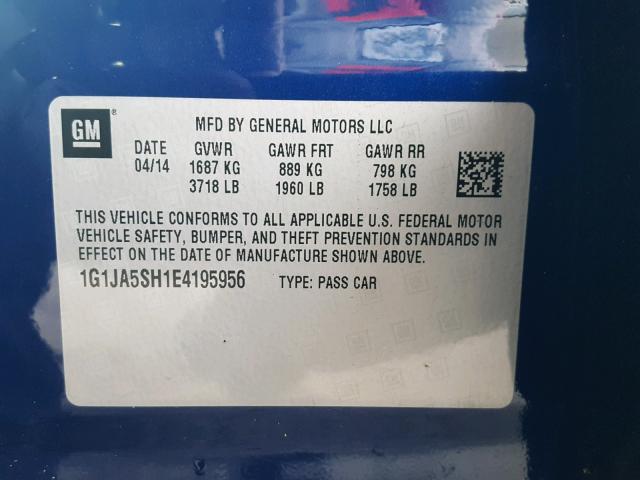 1G1JA5SH1E4195956 - 2014 CHEVROLET SONIC LS BLUE photo 10