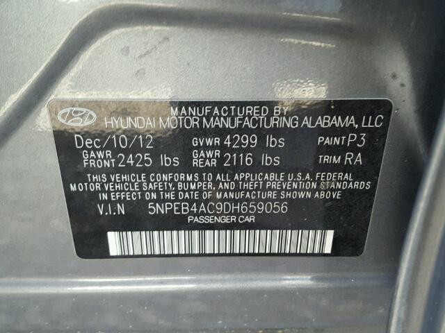 5NPEB4AC9DH659056 - 2013 HYUNDAI SONATA GLS GRAY photo 10