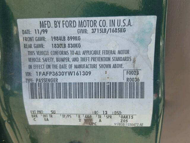 1FAFP3630YW161309 - 2000 FORD FOCUS SE GREEN photo 10