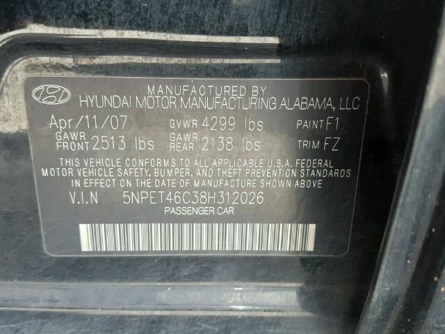 5NPET46C38H312026 - 2008 HYUNDAI SONATA BLACK photo 10