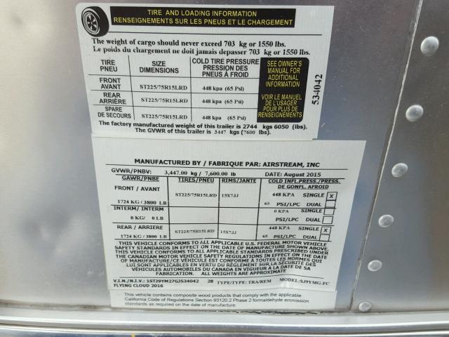 1STJ9YM27GJ534042 - 2016 AIRS TRAILER SILVER photo 10