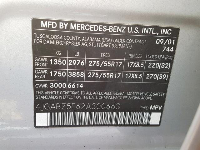 4JGAB75E62A300663 - 2002 MERCEDES-BENZ ML 500 SILVER photo 10