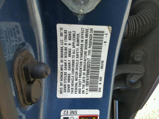 19XFA1F89BE002317 - 2011 HONDA CIVIC EX BLUE photo 10