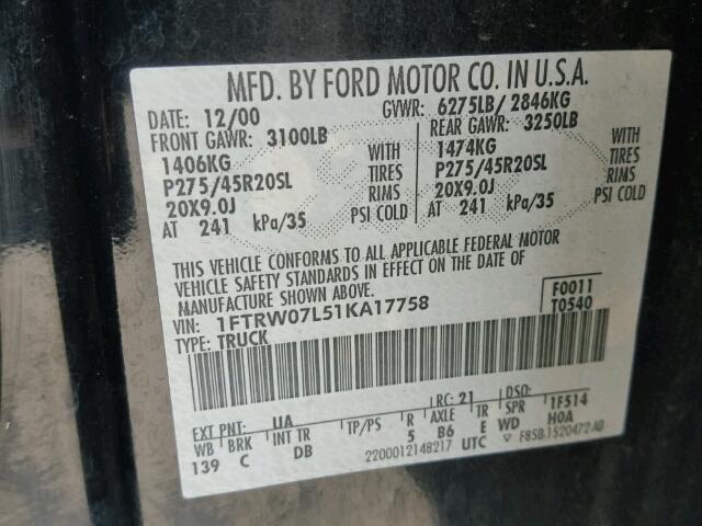 1FTRW07L51KA17758 - 2001 FORD F150 SUPER BLACK photo 10