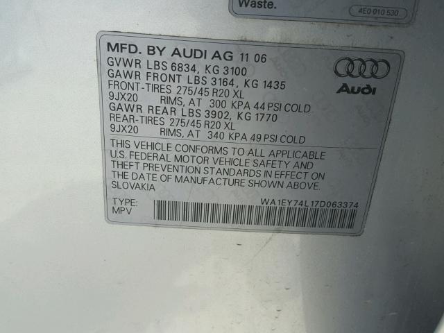 WA1EY74L17D063374 - 2007 AUDI Q7 3.6 QUA SILVER photo 10