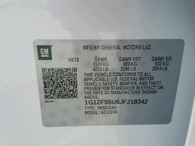 1G1ZF5SU6JF218342 - 2018 CHEVROLET MALIBU HYB 白色 照片 10