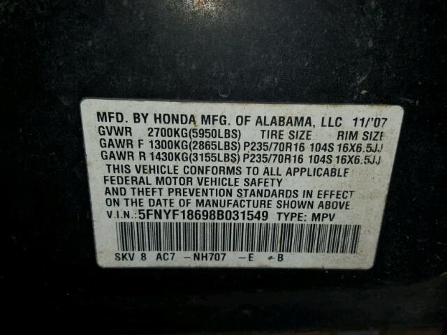 5FNYF18698B031549 - 2008 HONDA PILOT EXL BLACK photo 10