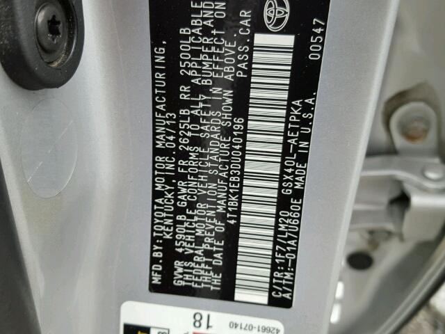 4T1BK1EB3DU040196 - 2013 TOYOTA AVALON BAS SILVER photo 10