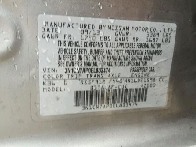 3N1CN7AP0EL833474 - 2014 NISSAN VERSA S GRAY photo 10