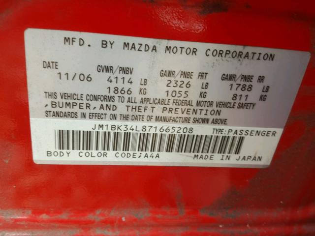 JM1BK34L871665208 - 2007 MAZDA SPEED 3 RED photo 10