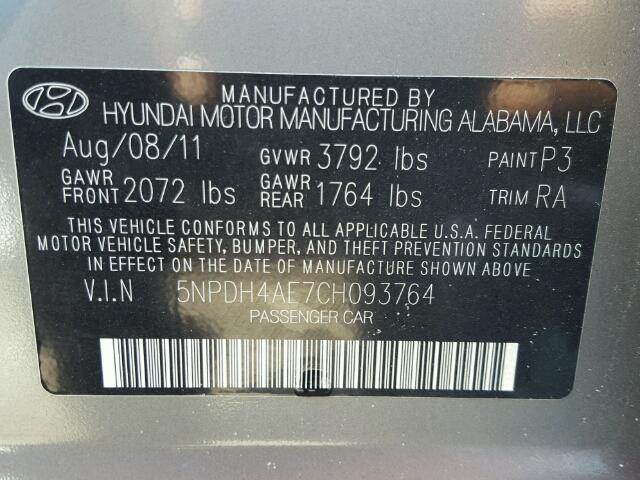 5NPDH4AE7CH093764 - 2012 HYUNDAI ELANTRA GRAY photo 10