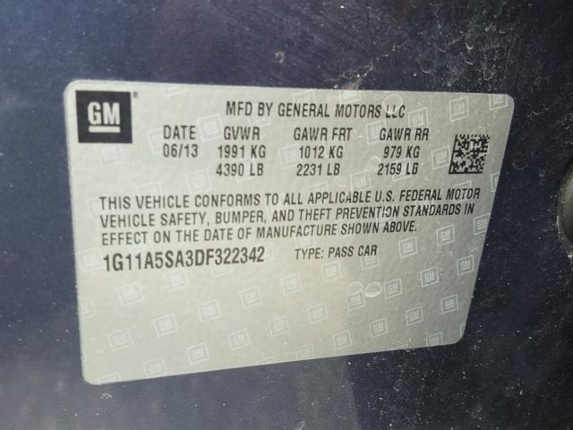 1G11A5SA3DF322342 - 2013 CHEVROLET MALIBU LS ლურჯი ფოტო 10