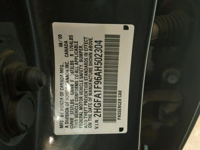 2HGFA1F96AH502304 - 2010 HONDA CIVIC EXL 灰色 照片 10