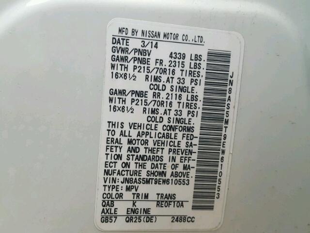 JN8AS5MT9EW610553 - 2014 NISSAN ROGUE SELE WHITE photo 10