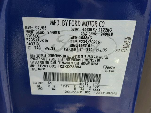 1FMYU95HX5KD76884 - 2005 FORD ESCAPE HEV BLUE photo 10