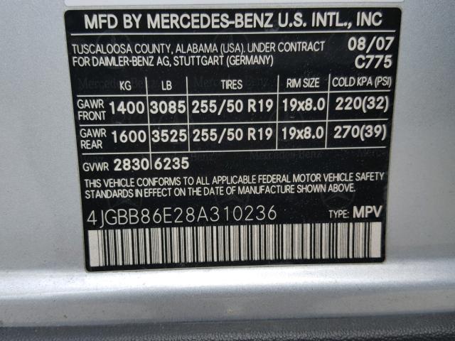 4JGBB86E28A310236 - 2008 MERCEDES-BENZ ML 350 SILVER photo 10