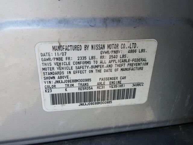 JNKAJ09E88M300985 - 2008 INFINITI EX35 BASE SILVER photo 10