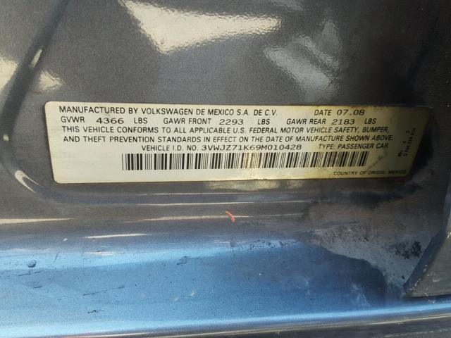 3VWJZ71K69M010428 - 2009 VOLKSWAGEN JETTA S CHARCOAL photo 10