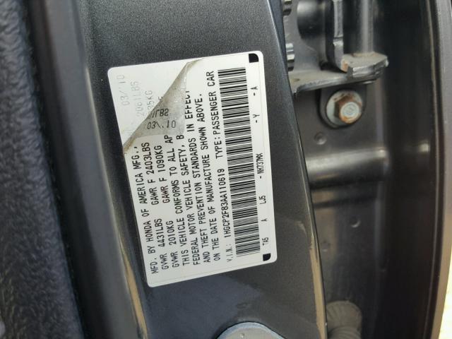 1HGCP2F83AA110619 - 2010 HONDA ACCORD EXL GRAY photo 10