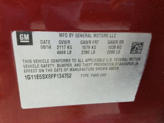 1G11E5SX8FF134752 - 2015 CHEVROLET MALIBU 2LT MAROON photo 10