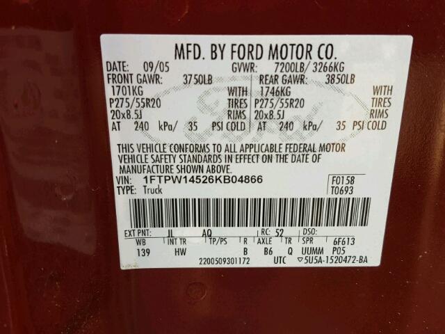 1FTPW14526KB04866 - 2006 FORD F150 SUPER MAROON photo 10