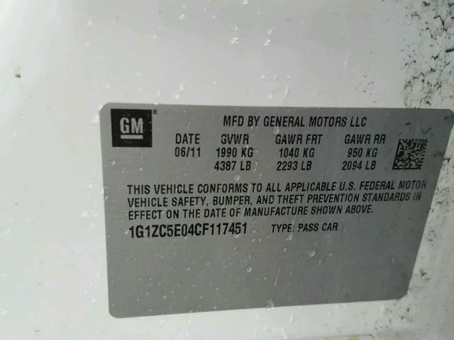 1G1ZC5E04CF117451 - 2012 CHEVROLET MALIBU 1LT 白色 照片 10