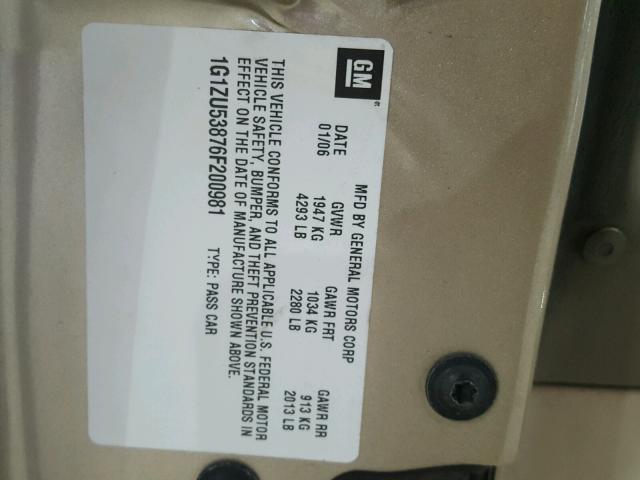 1G1ZU53876F200981 - 2006 CHEVROLET MALIBU LTZ 金色 照片 10