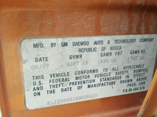 KL1TD66618B035220 - 2008 CHEVROLET AVEO BASE Orange photo 10