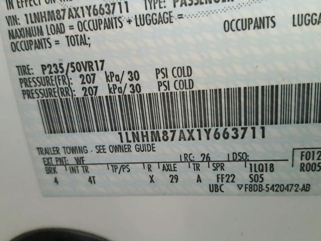 1LNHM87AX1Y663711 - 2001 LINCOLN LS 白色 照片 10