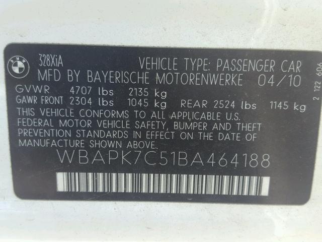 WBAPK7C51BA464188 - 2011 BMW 328 XI WHITE photo 10