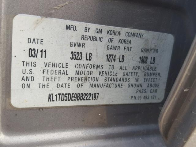 KL1TD5DE9BB222197 - 2011 CHEVROLET AVEO LS GRAY photo 10