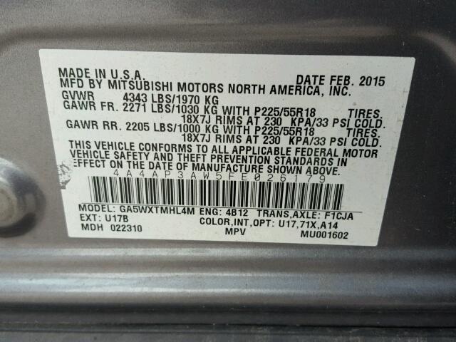 4A4AP3AW5FE026179 - 2015 MITSUBISHI OUTLANDER CHARCOAL photo 10