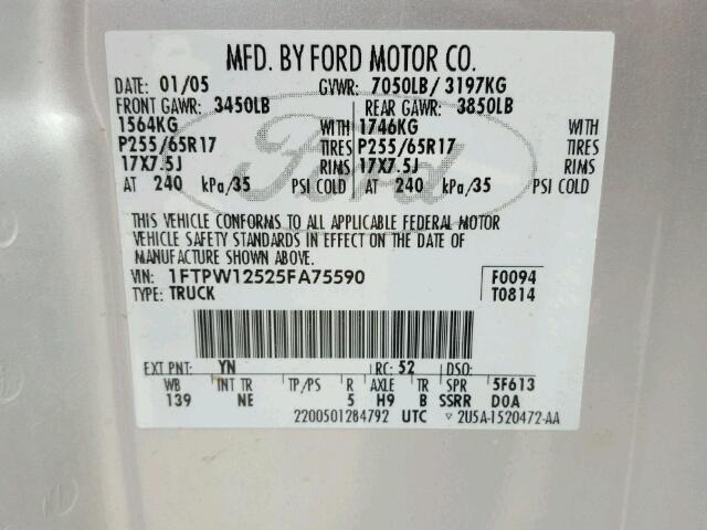 1FTPW12525FA75590 - 2005 FORD F150 SUPER GRAY photo 10