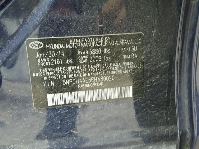 5NPDH4AE6EH480020 - 2014 HYUNDAI ELANTRA SE BLUE photo 10