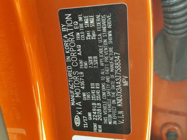 KNDJX3AA3J7588347 - 2018 KIA SOUL ! ORANGE photo 10