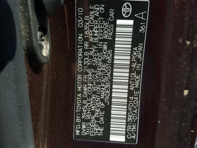 JTKDE3B75A0316826 - 2010 TOYOTA SCION TC 勃艮第红 照片 10